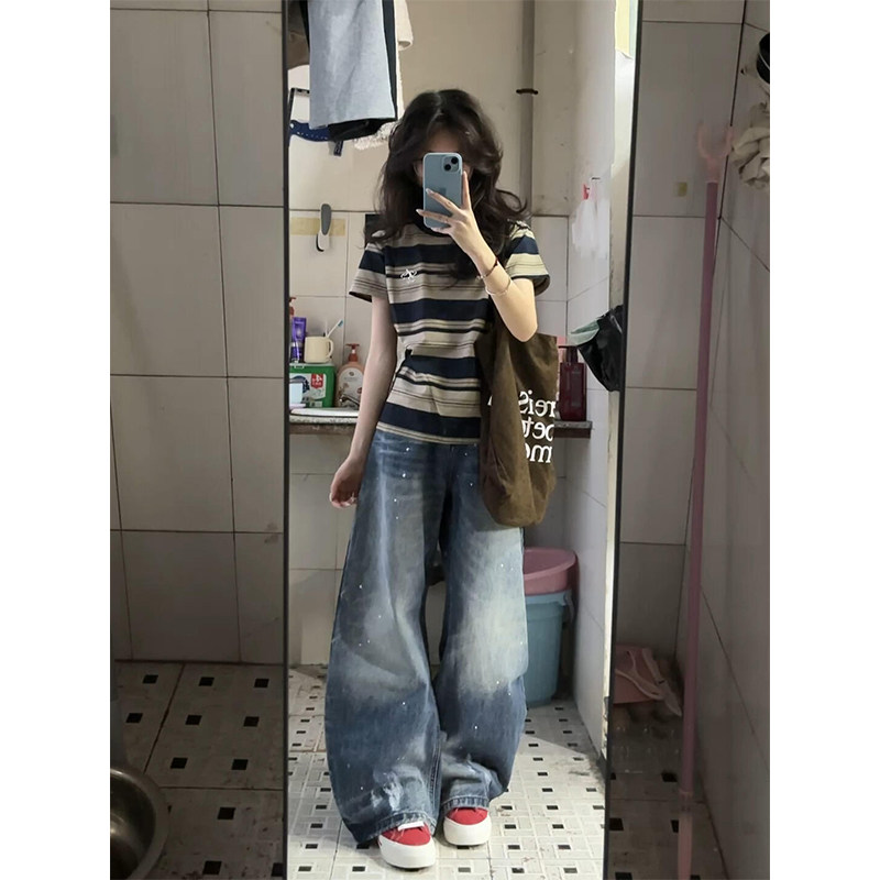美式复古短款条纹正肩短袖t恤女图片
