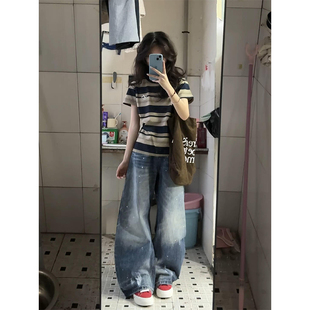 美式复古短款条纹正肩短袖t恤女2026春夏新款小个子宽松半袖上衣