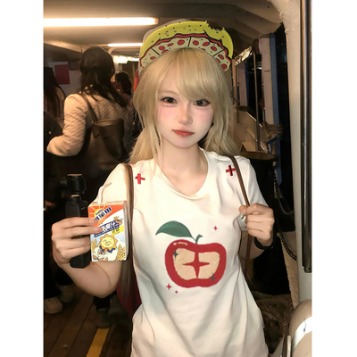 美式甜辣风小苹果刺绣短袖t恤女