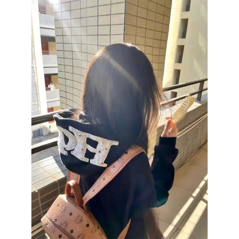 美式复古帽子贴布刺绣连帽卫衣女