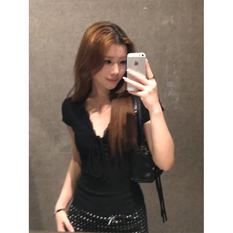 美式V领绑带蕾丝花边正肩短袖t恤女夏季紧身显瘦性感百搭短款上衣