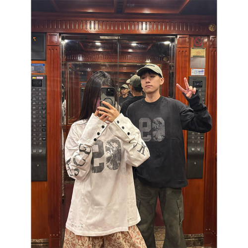美式复古8号印花长袖t恤女秋季