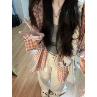 设计感法式 美式 女春秋2024新款 衬衫 气质衬衣外套 复古粉色格子长袖