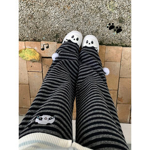 亚萌黑灰条纹小熊休闲直筒裤 子 女秋冬加绒高腰垂感显瘦宽松阔腿裤