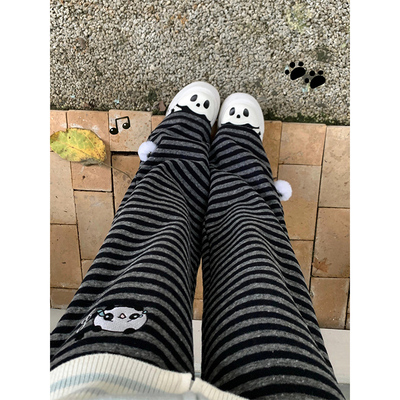 亚萌黑灰条纹小熊休闲直筒裤女秋冬加绒高腰垂感显瘦宽松阔腿裤子