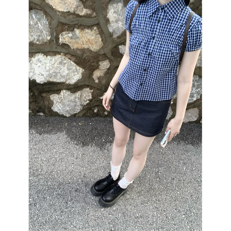 韩系复古蓝色格子polo领短袖衬衫女夏季高级感小众减龄泡泡袖上衣