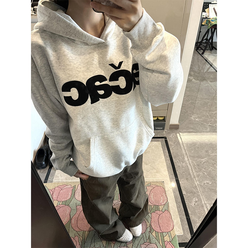 美式复古字母贴布刺绣连帽卫衣女秋冬季加绒加厚宽松情侣潮牌外套