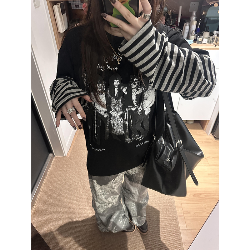 美式复古摇滚乐队假两件长袖t恤