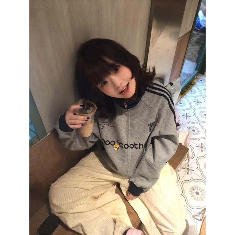 国潮牌撞色立领拉链卫衣外套女秋