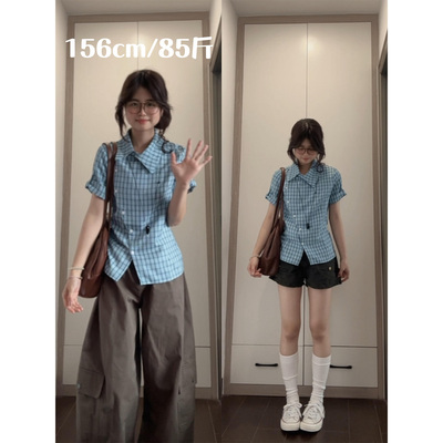 韩系复古蓝格纹设计感短袖衬衫女