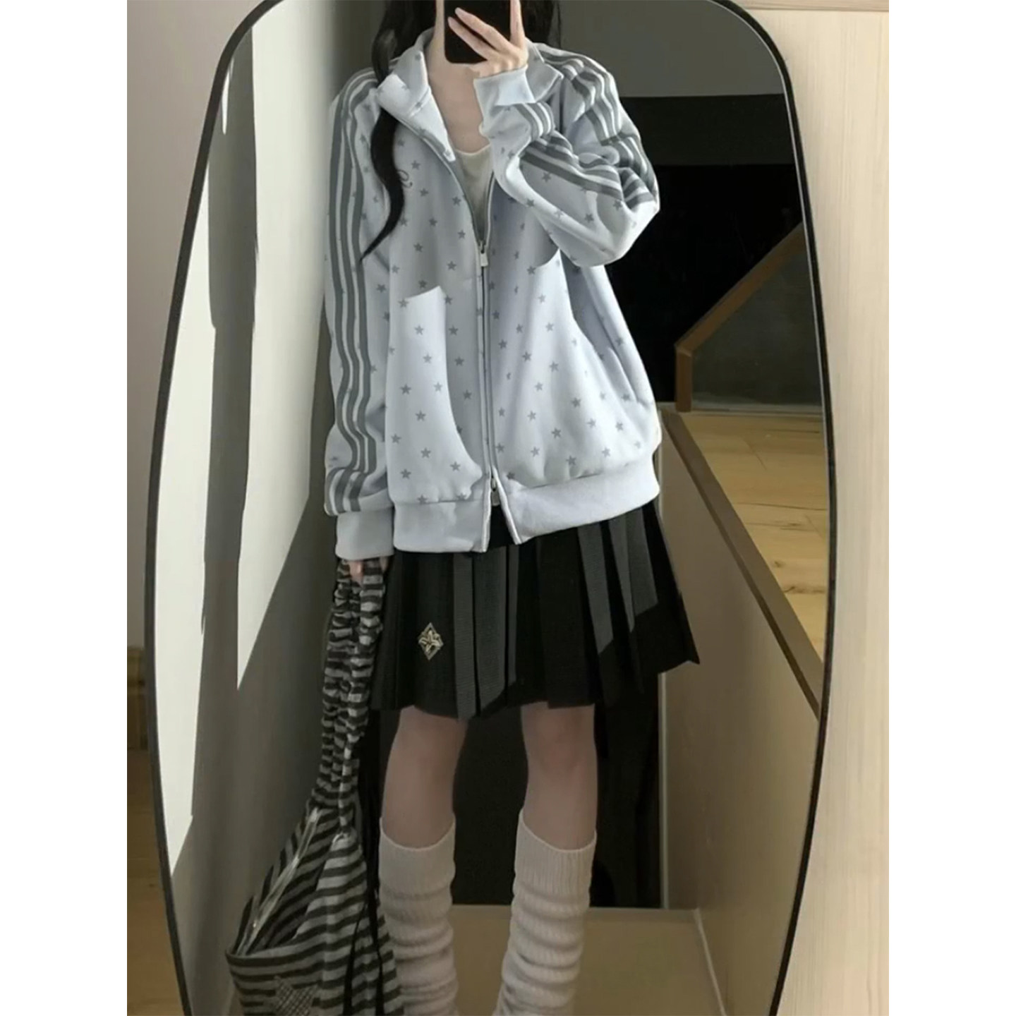 韩系蓝色星星三条杠立领开衫卫衣女春秋运动休闲拉链夹克上衣外套