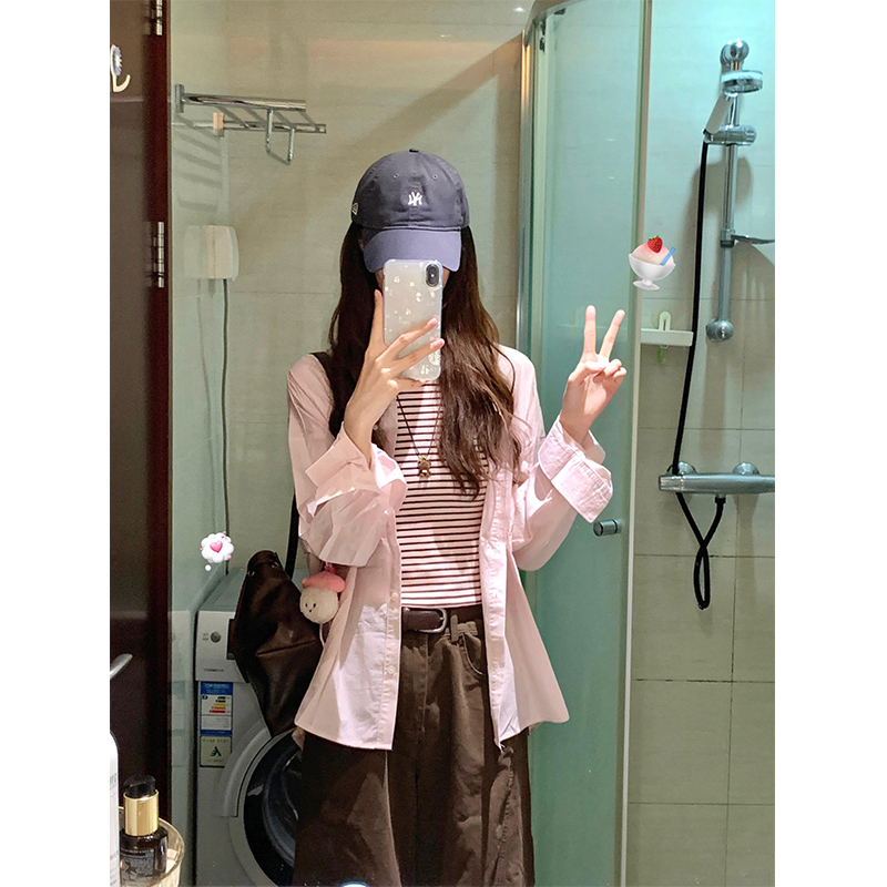 韩系粉色宽松长袖防晒衬衫女夏季