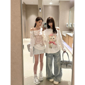 纯欲防晒罩衫 2026新款 斜露肩上衣 t恤女夏季 创意印花甜辣白色长袖