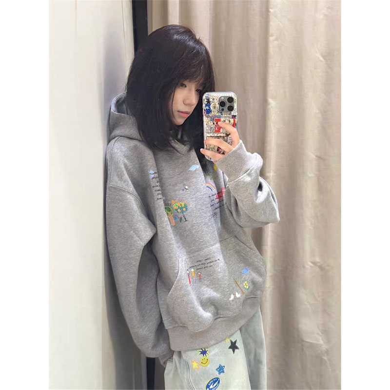 美式趣味少女手绘涂鸦连帽卫衣女秋冬新款加绒加厚设计感小众外套