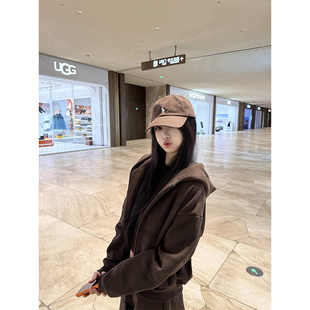 美式连帽开衫拉链咖色卫衣女冬季新款加绒加厚宽松休闲慵懒风外套