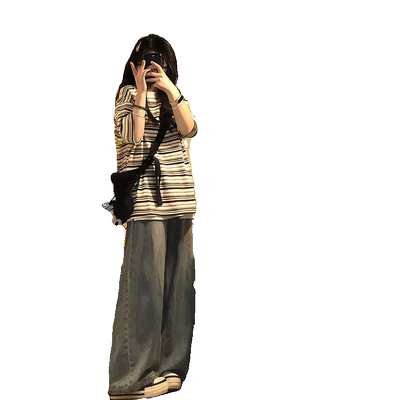 美式复古撞色条纹正肩短袖t恤女