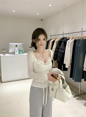 纯欲风白色方领镂空针织衫女春秋冬设计感内搭修身长袖打底衫上衣