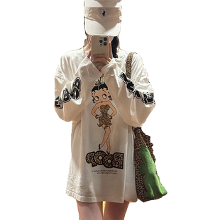 豹纹贝蒂女郎字母印花oversize长袖t恤女春秋慵懒宽松打底衫上衣