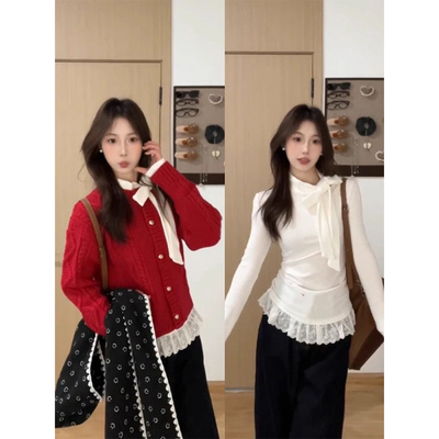 白色蕾丝下摆花边打底衫女秋冬季