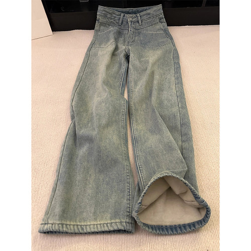 加绒加厚美式设计感直筒牛仔裤女