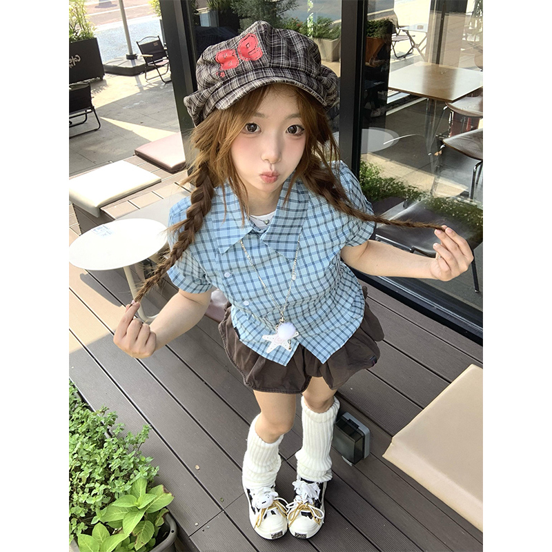 韩系学院风短袖格子衬衫女夏季