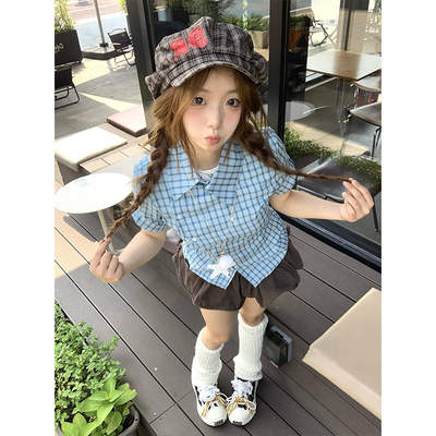韩系学院风短袖格子衬衫女夏季