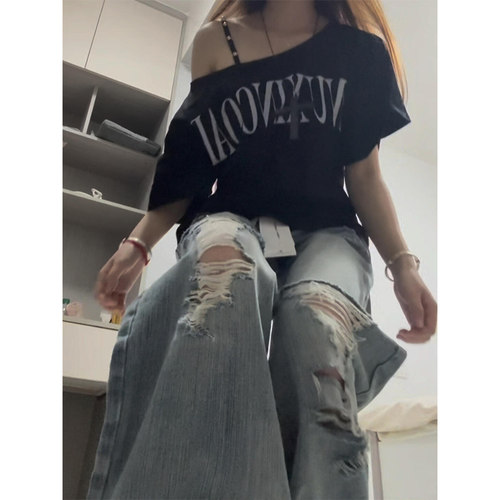 美式复古辣妹宽松斜肩短袖t恤女