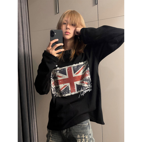 美式做旧旗帜印花黑色长袖t恤女
