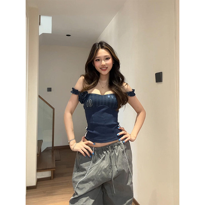 美式辣妹立体花朵一字肩短袖t恤