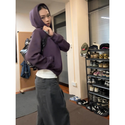 美式复古紫色短款连帽开衫卫衣女