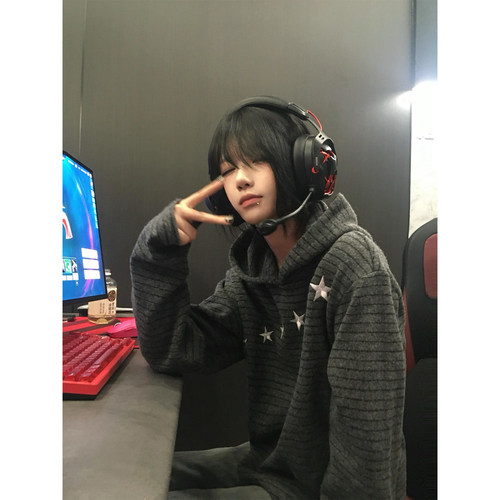 复古撞色条纹流星刺绣连帽卫衣女