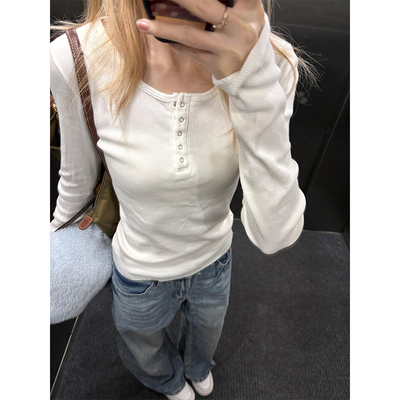 韩系bm白色纽扣长袖t恤女秋冬季
