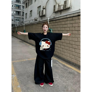 可爱卡通hellokitty美式纯棉黑色短袖t恤女2025夏季宽松半袖上衣