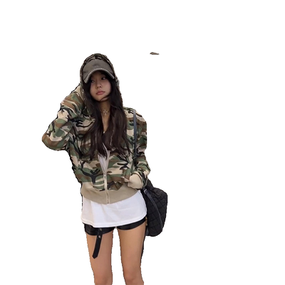 美式辣妹修身迷彩开衫连帽卫衣女