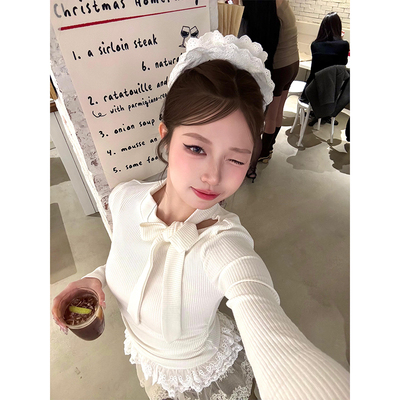 蝴蝶结蕾丝甜辣内搭打底衫女秋冬