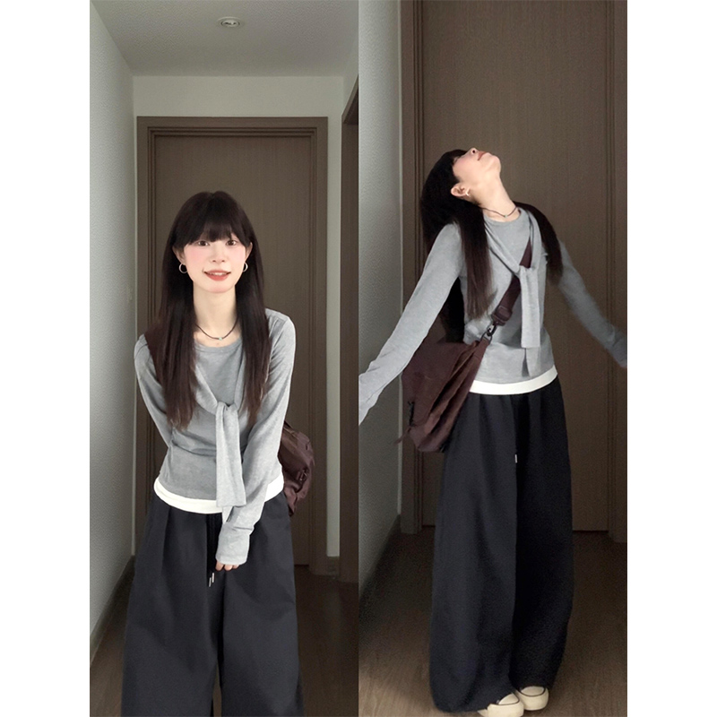 韩系假两件绑带圆领长袖t恤女秋季独特设计感修身气质海军领上衣