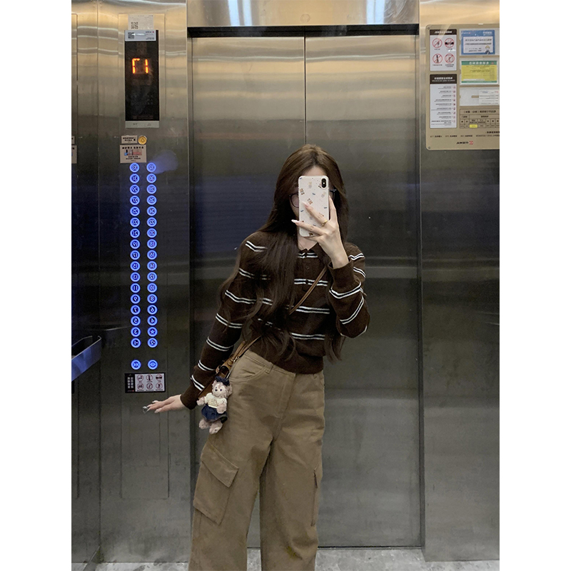 美式复古棕色条纹针织polo衫女