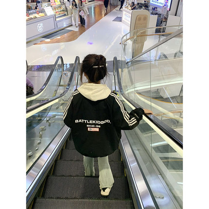 国潮牌美式拼色连帽杠条纹卫衣女秋冬季加绒加厚情侣开衫拉链外套
