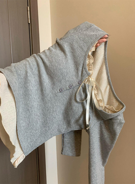 纯欲芭蕾风灰色假两件长袖t恤女秋冬修身显瘦百搭内搭打底衫上衣