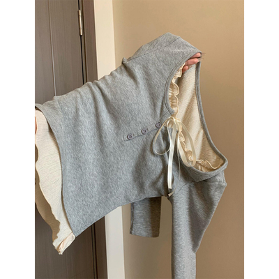 纯欲芭蕾风灰色假两件长袖t恤女