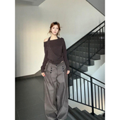 法式 复古设计感小众别致长袖 t恤女秋冬宽松韩系挂脖斜肩辣妹上衣