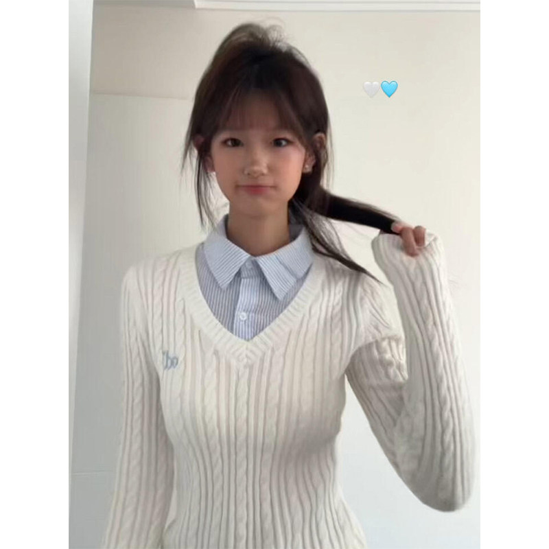 美式麻花polo领假两件长袖针织衫女秋冬季学院风修身短款毛衣上衣