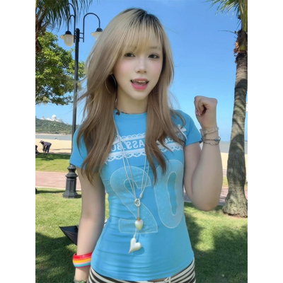 韩系蕾丝蝴蝶结正肩短袖t恤女夏