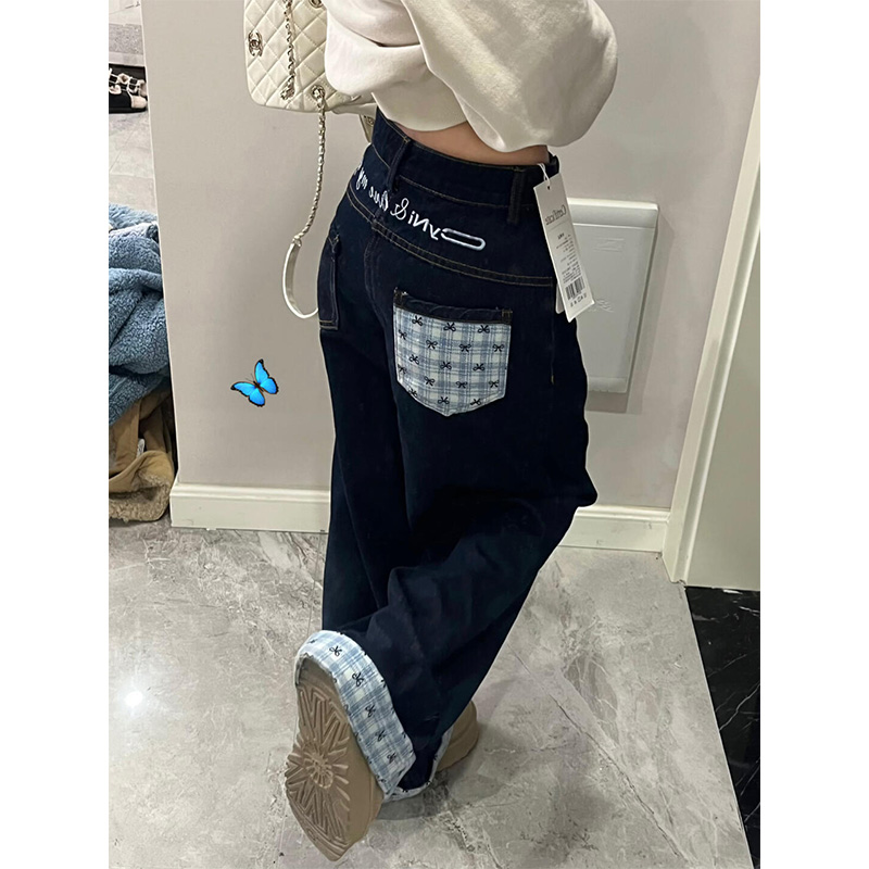 美式高街设计感格子拼接牛仔裤女