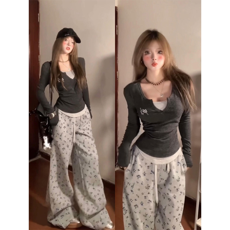 美式复古v领假两件长袖t恤女秋冬