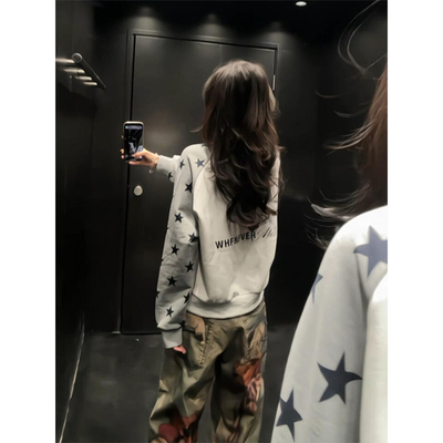 美式复古星星插肩袖圆领卫衣女冬