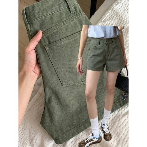 美式复古军绿工装牛仔短裤女夏季