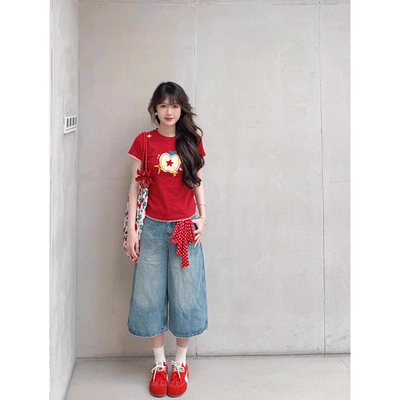 星星苹果刺绣正肩短袖t恤女夏季