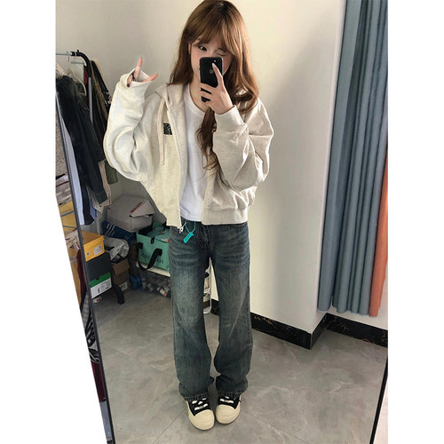 美式短款灰色连帽卫衣外套女春秋