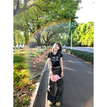 豹纹kitty猫黑色正肩短袖t恤女夏设计感小众辣妹美式修身短款上衣